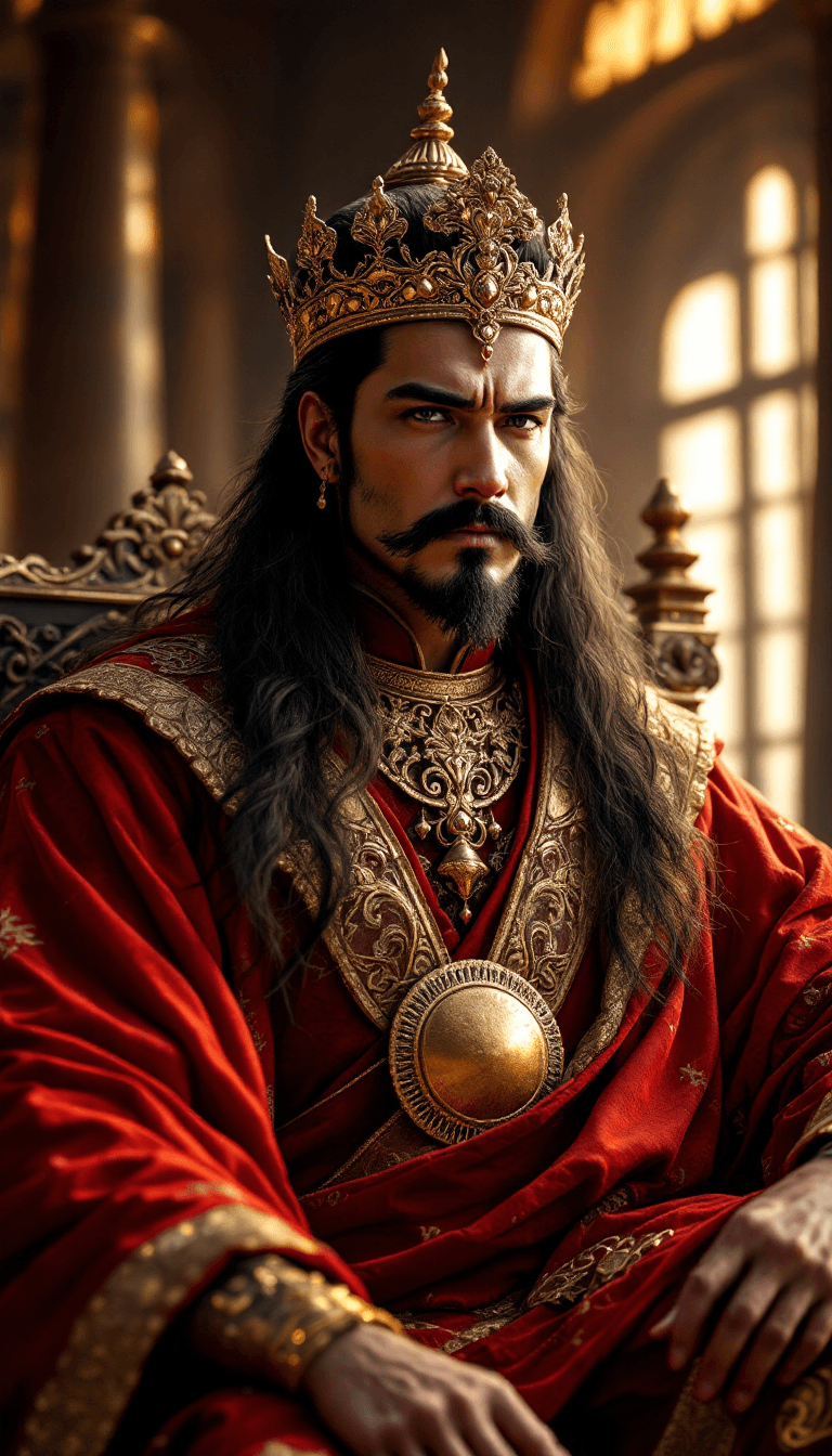 AI generated: Create the image of a handsome and charismatic male king, wearing a crown that should be dome-shaped...