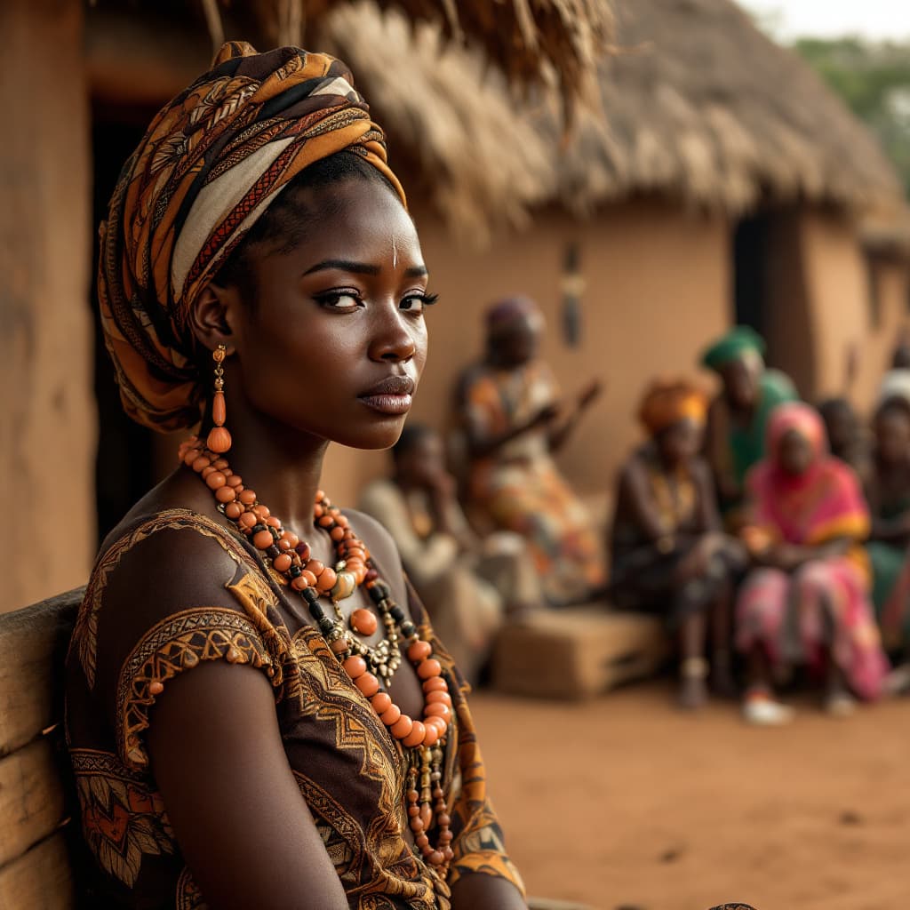 AI generated: A traditional African village scene showing a a sad beautiful lady in her 30s with tear dropping on ...