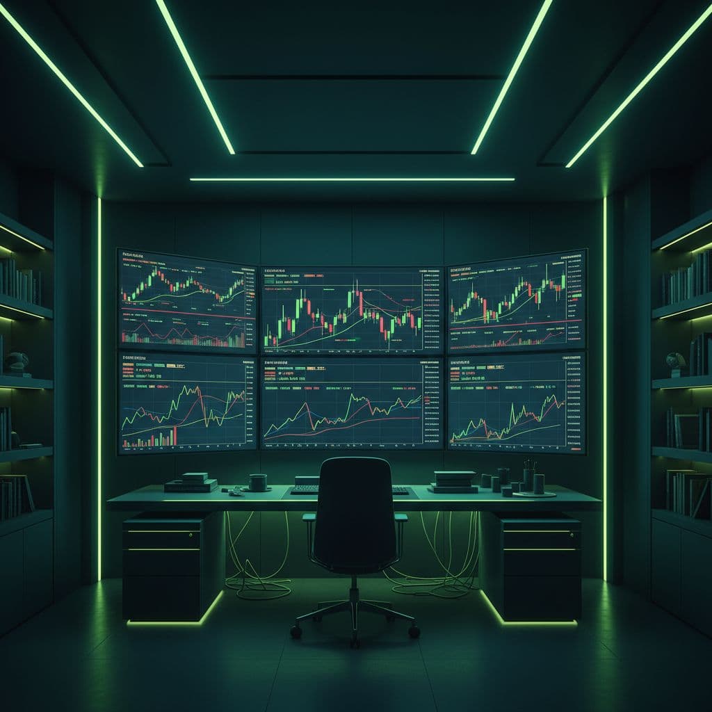 AI generated: Professional trading office background, dark modern interior with large screens showing stock charts...