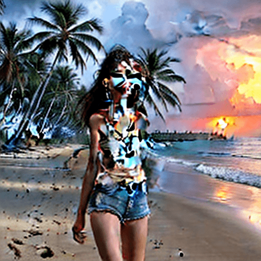 AI generated: a skinny young girl, age 11, in tattered shorts and shirt, with the wind blowing her long hair, is l...