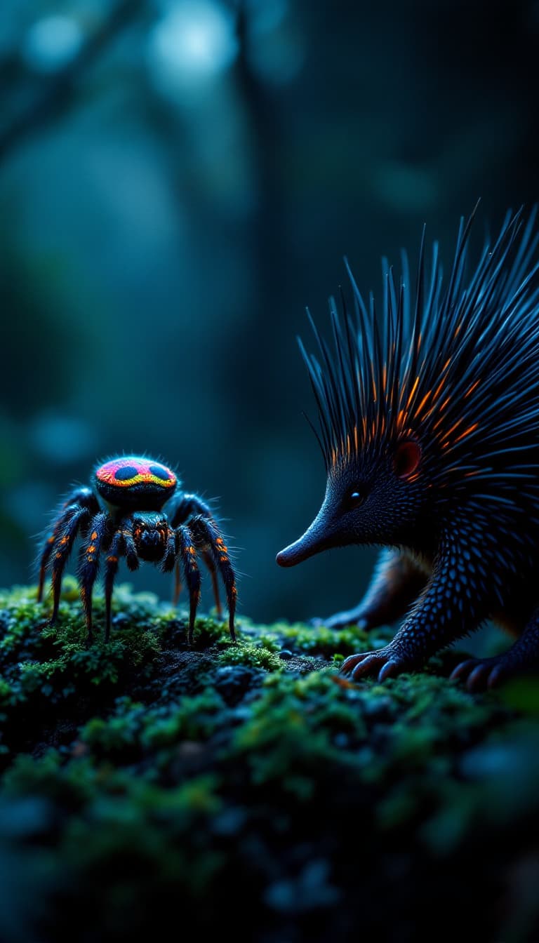 AI generated: A mesmerizing scene featuring a Peacock Spider and an Echidna facing each other in the dim, mystical...