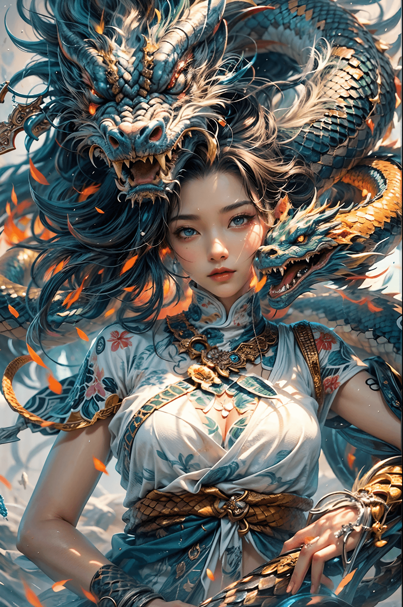 AI generated: showcase the magnificence of Orochi, colorful masterpiece, 1girl, extremely detailed snake with drag...