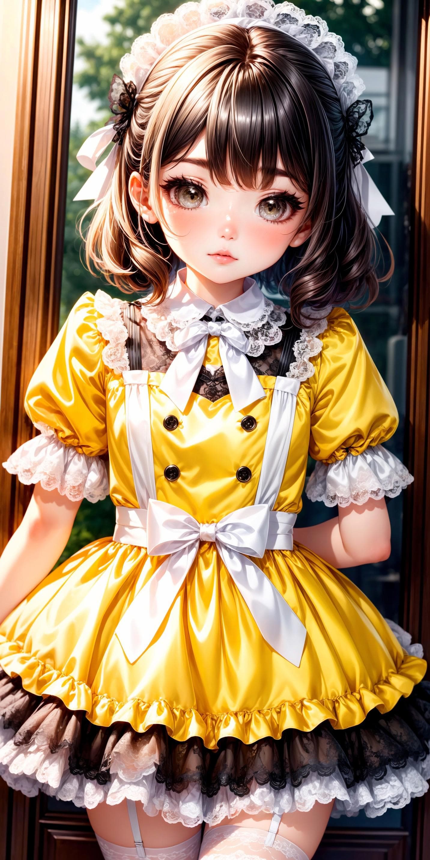 Yellow and White Lace Brocade Shiny Satin Dress