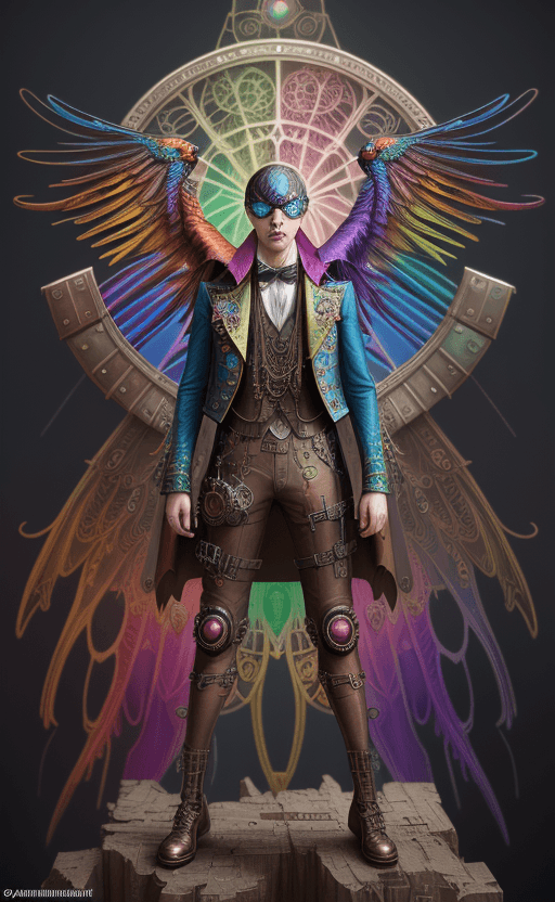 AI generated: (colorful bird posing steampunk spiderman with extreme glowing rainbow colors:1. 8), (Sigma 85mm f/1...