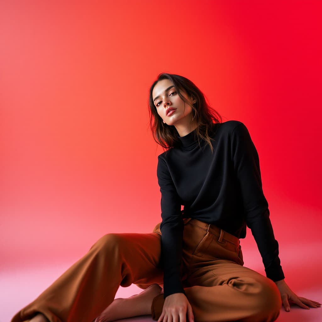 AI generated: wide and low angle, cinematic, fashion photography for the brand Uniqlo. Woman sitting on floor wear...