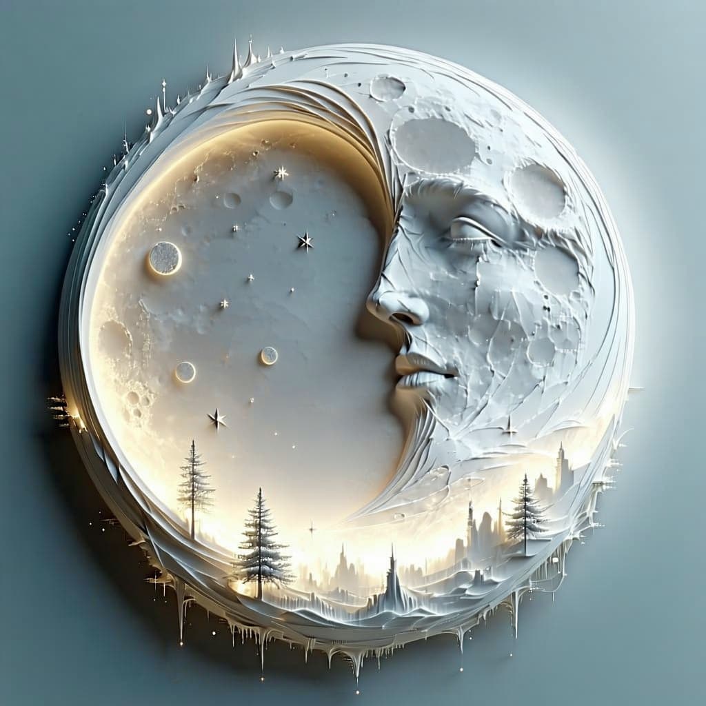 AI generated: A surreal 3D artwork of the moon shaped like a comma, symbolizing endless stories. The moon is craft...