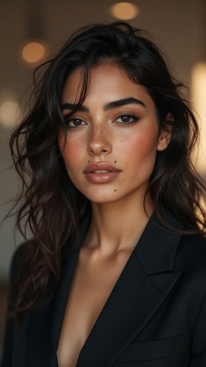 AI generated: A stunning ultra-realistic close-up portrait photograph of a beautiful young woman with warm olive s...