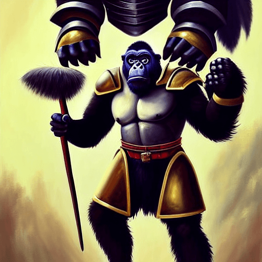 AI generated: Hyper realistic painting in the style of drew Struzen of heroic gorilla warrior wearing shoulder pad...