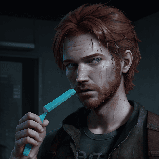 AI generated: Red-haired boy with ice popsicles The Last of Us, very detailed dsytopian scene, teenage, child::1 T...