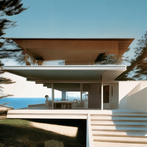 AI generated: Hyper realistic eye level exterior photo of a mid century modern style house overlooking the ocean, ...