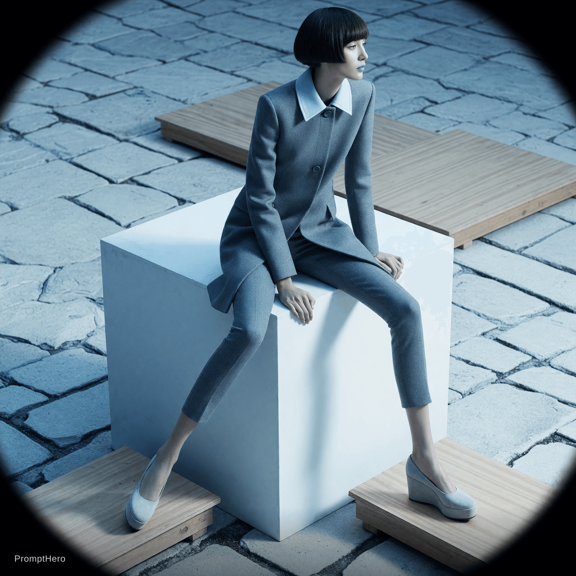AI generated: sitting on top of a white cube, official jil sander editorial, blue and grey tones, trending on inte...