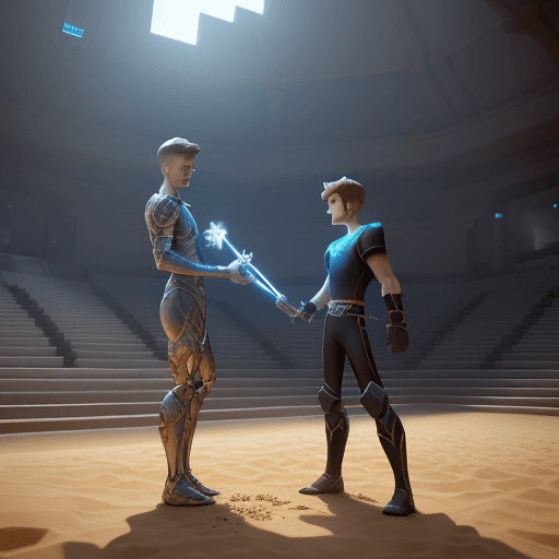 AI generated: Samas Aron vs Steve from minecraft yielding an electric Diamond sword, In sandy Arena, best quality,...