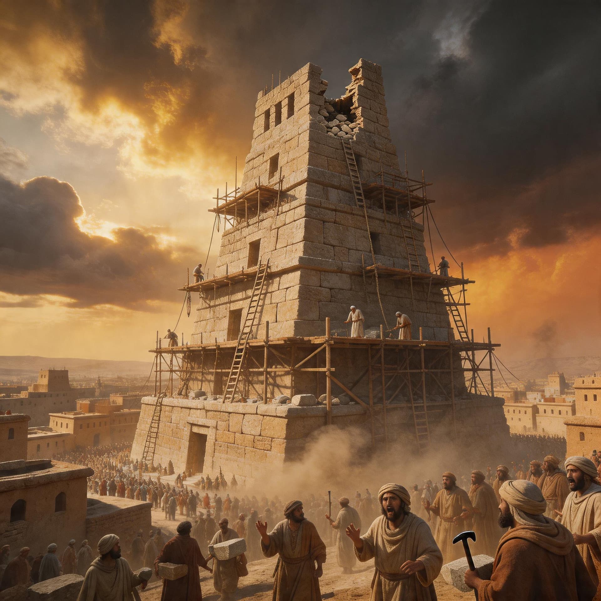 AI generated: the Tower of Babel rising over an ancient city, unfinished massive stone structure, scaffolding, wor...