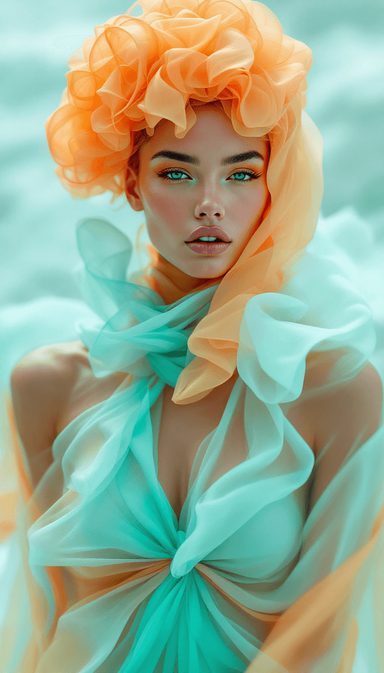 AI generated: high end fashion shoot, fashion, stunning model wearing extravagent futuristic foam and orange toned...