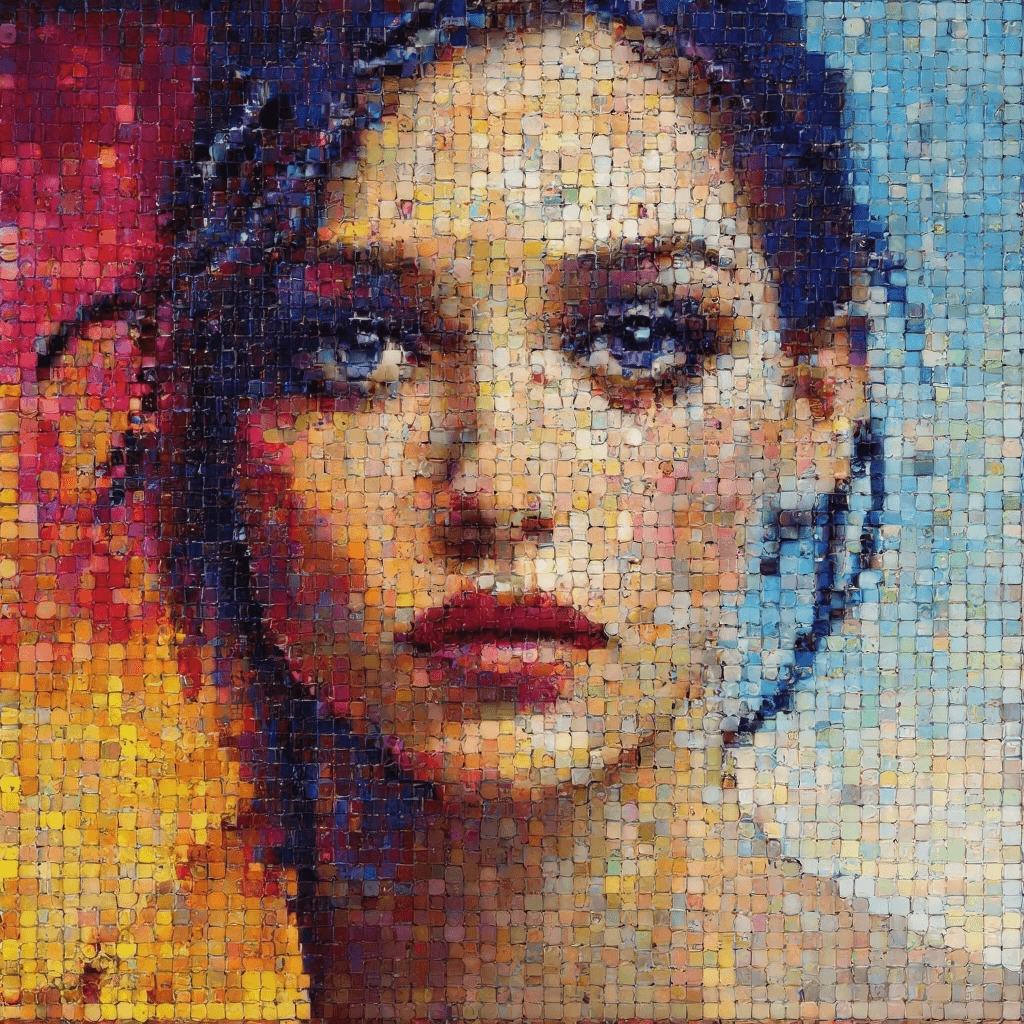 AI generated: mosaic, pixelated, tablet, create an artwork that captures the form of a fashion model face- high th...