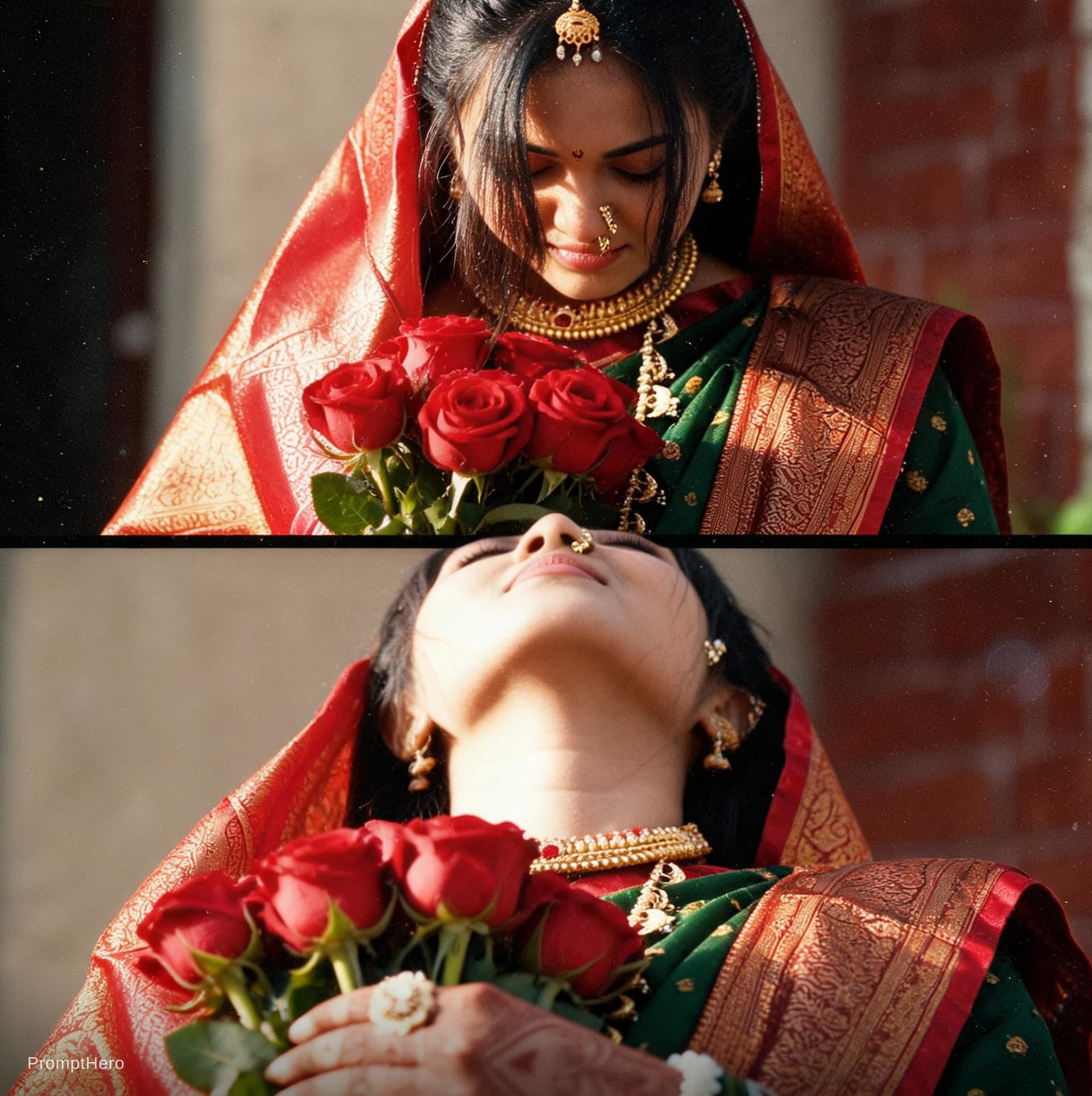 AI generated: the same woman holding them in her hands. The bottom frame is a close-up portrait of the same woman,...