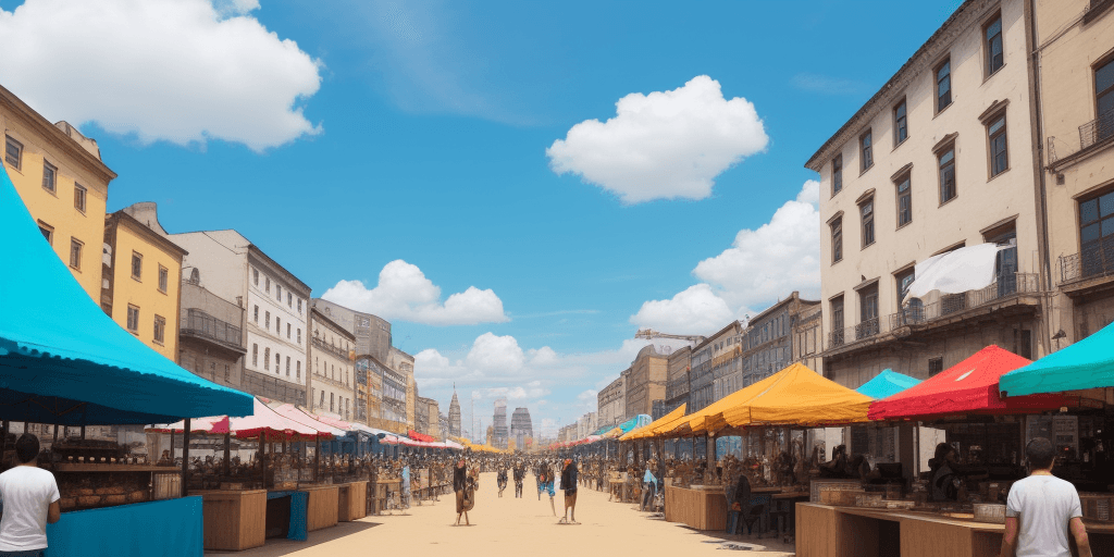 AI generated: a street food festival with no people and a cloudy vibrant blue sky