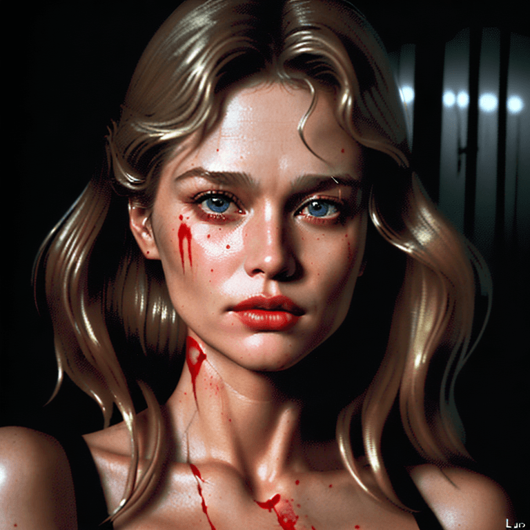 AI generated: portrait of beautiful LAUREN HUTTON in silent hill horror poster style, log retro hairstyle, blood s...
