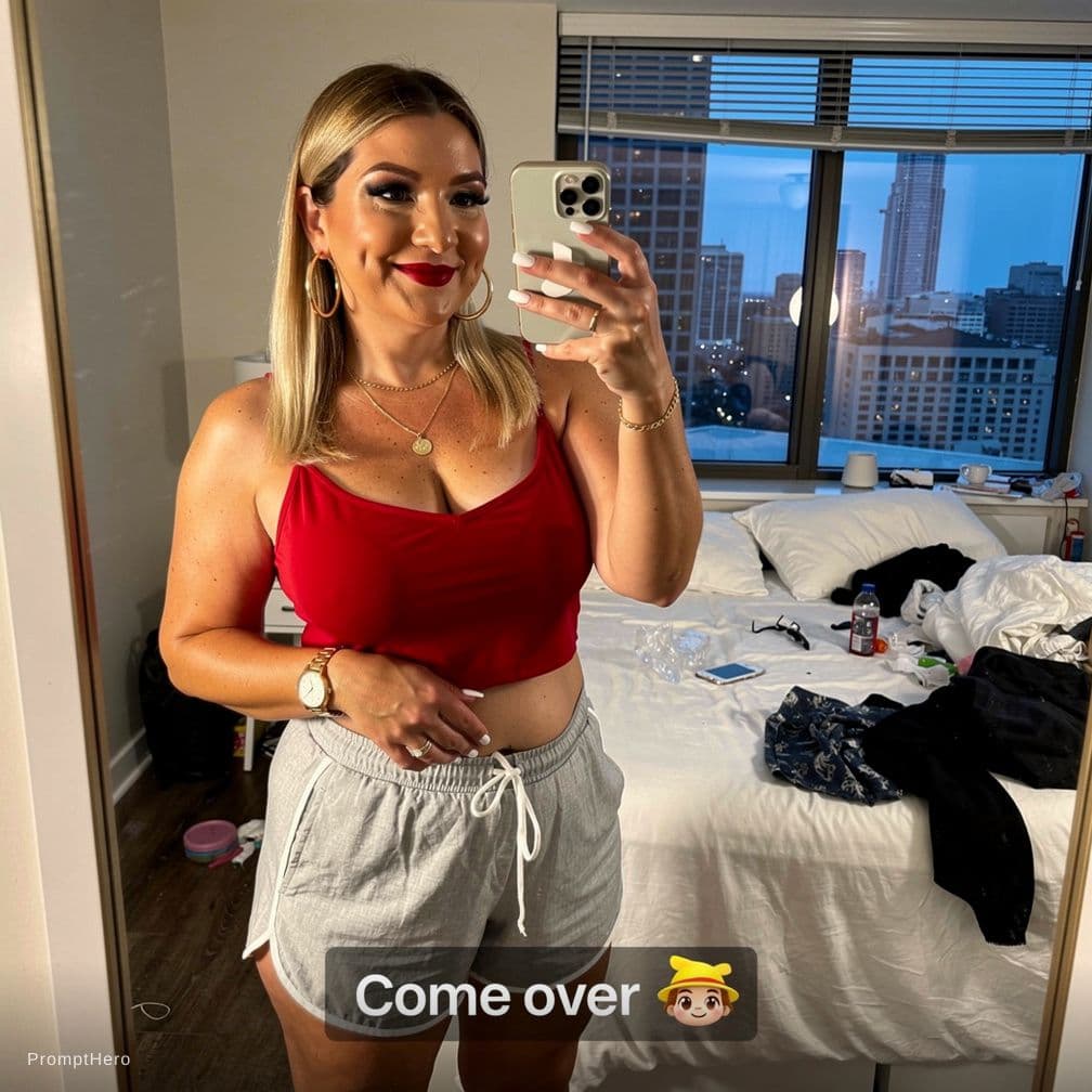 AI generated: mirror selfie in a modern,messy woman's bedroom.The Minneapolis skyline is visible from the window i...