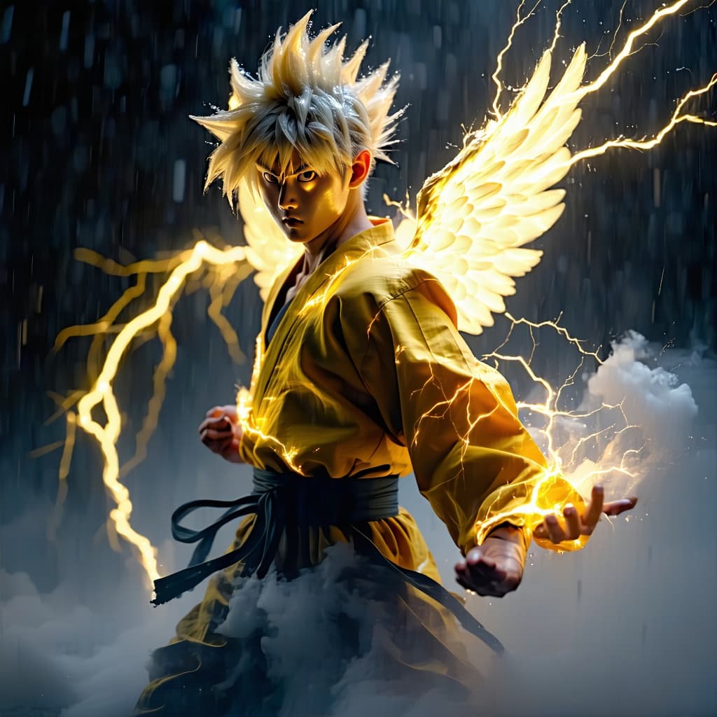 AI generated: Dynamic action shot of Zenitsu Agatsuma performing Thunderclap and Flash. He is a streaking bolt of ...