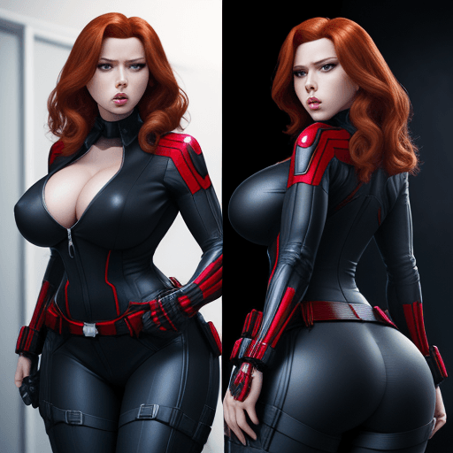 AI generated: Black widow from marvel with big breasts and a big ass, her clothes are see-through, high quality, s...