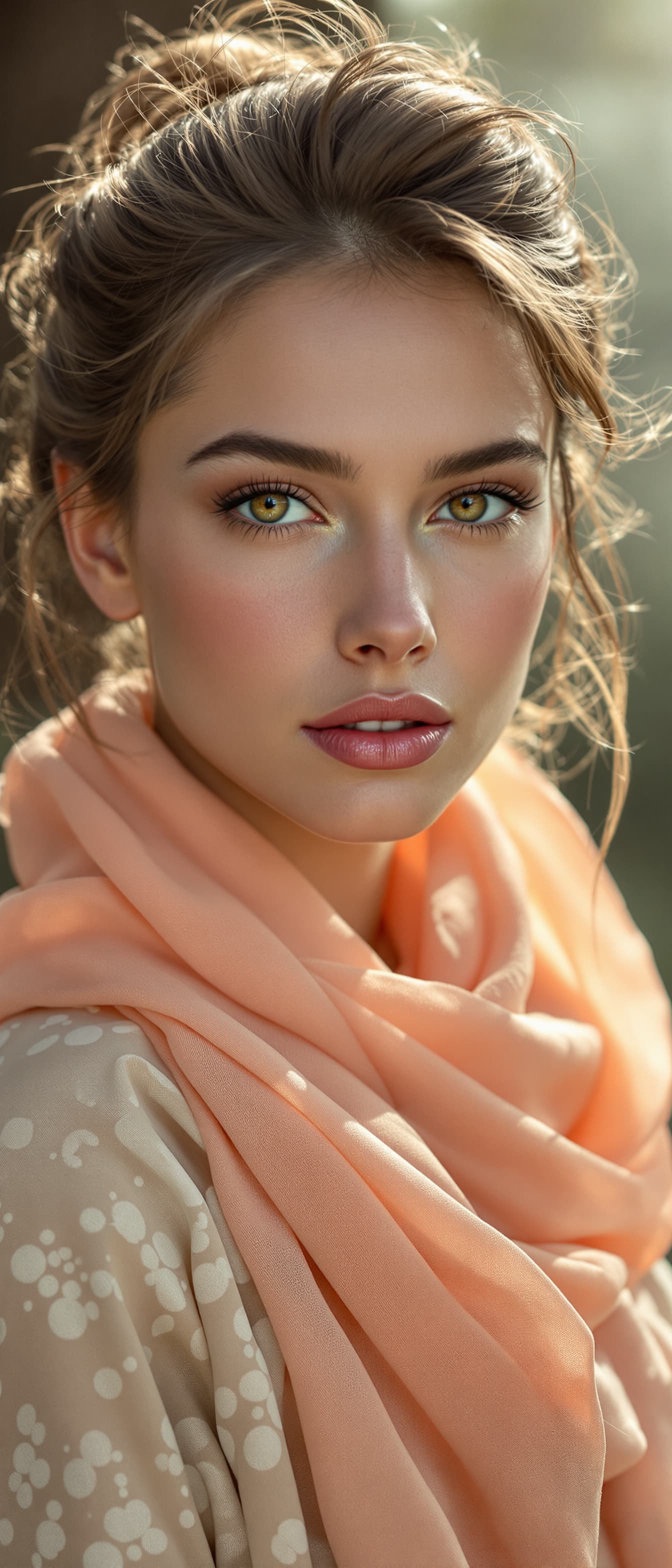 AI generated: "2:3 head and shoulders portrait, stunning supermodel, early 20s, fair luminous skin, light brown up...