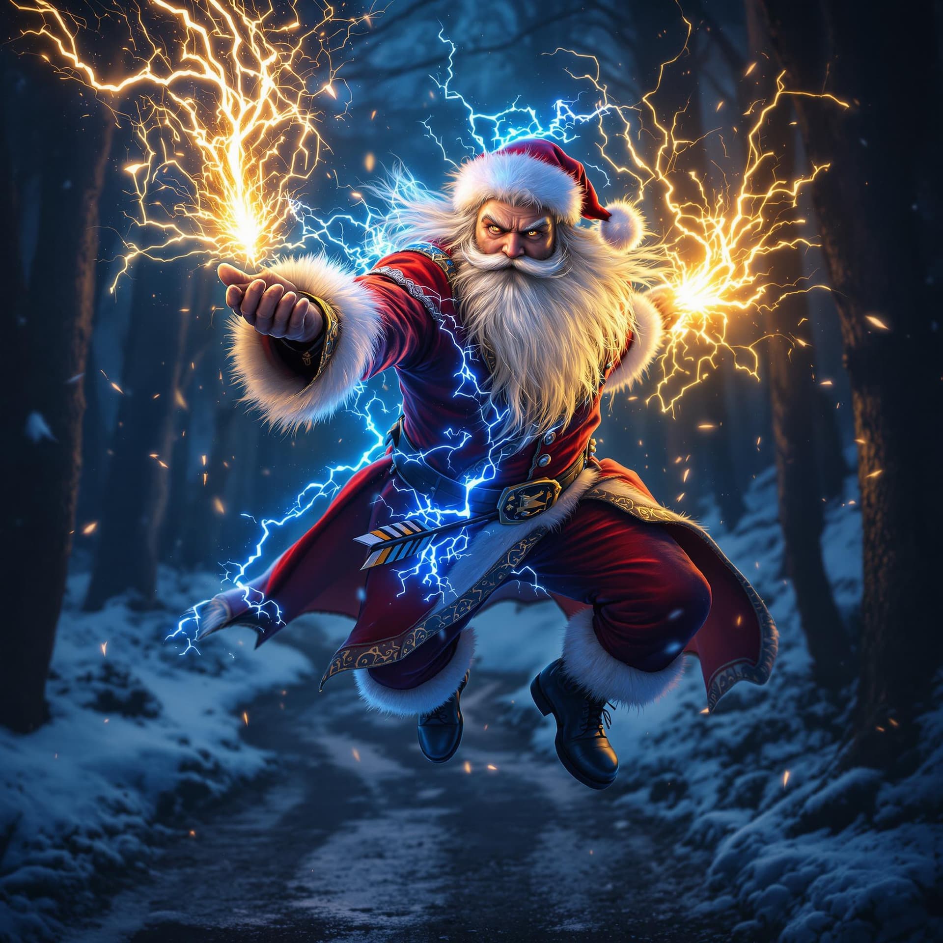AI generated: russian uncle frost wearing rocker clothes is depicted in an action pose, swirling thunder and light...