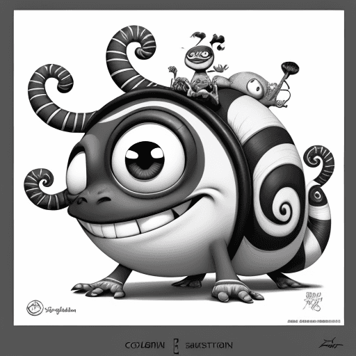 AI generated: Digital art, coloring book in gray and white colour , googly-eyed Cartoon disney snail,  Smiling, Si...