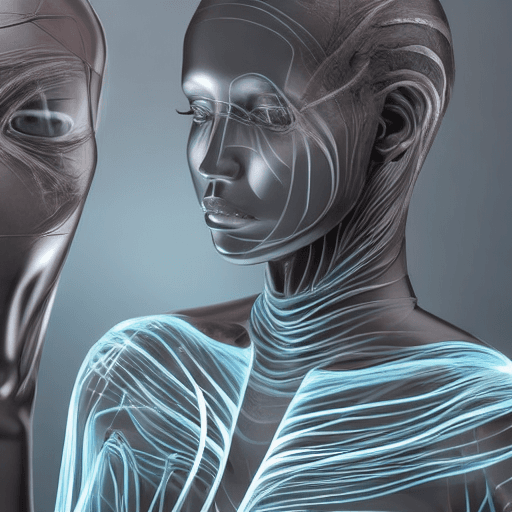 AI generated: the face of a humanlike android, in the style of x-ray film, feminine body, dark cyan and black, gra...