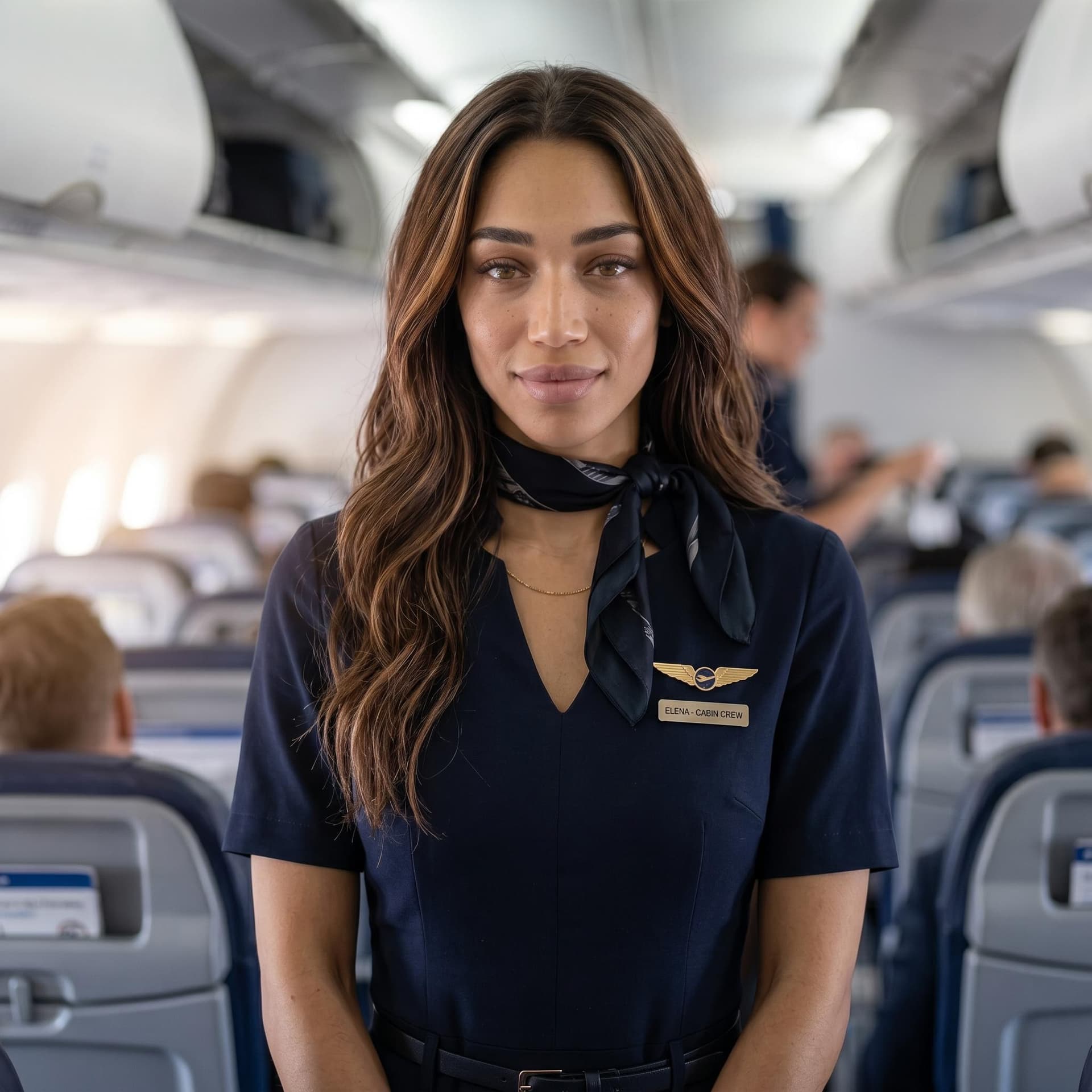 AI generated: Photorealistic portrait of a young Mediterranean-Latin woman, 26 years old, flight attendant, standi...