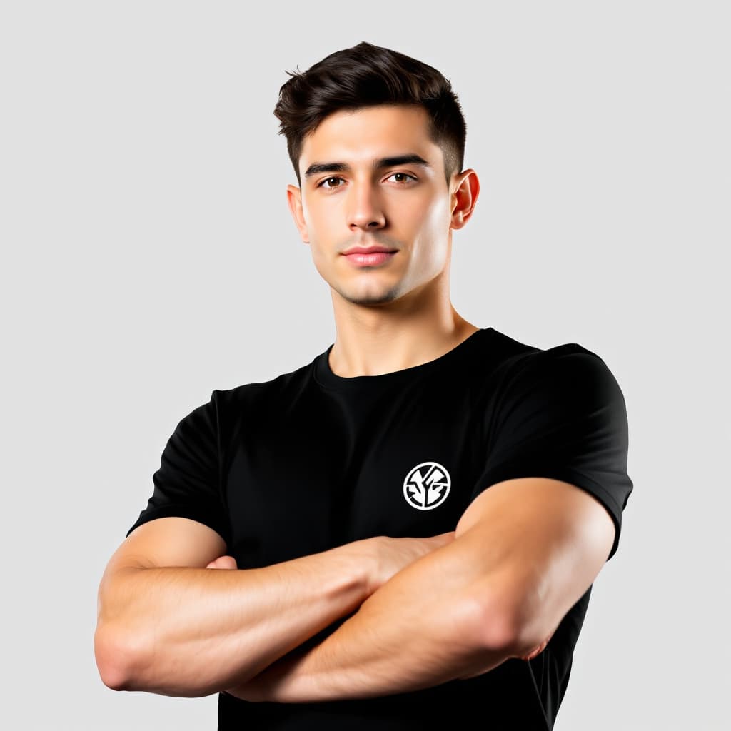 AI generated: A young man with short dark hair, light skin, and a confident expression. He is wearing a black T-sh...