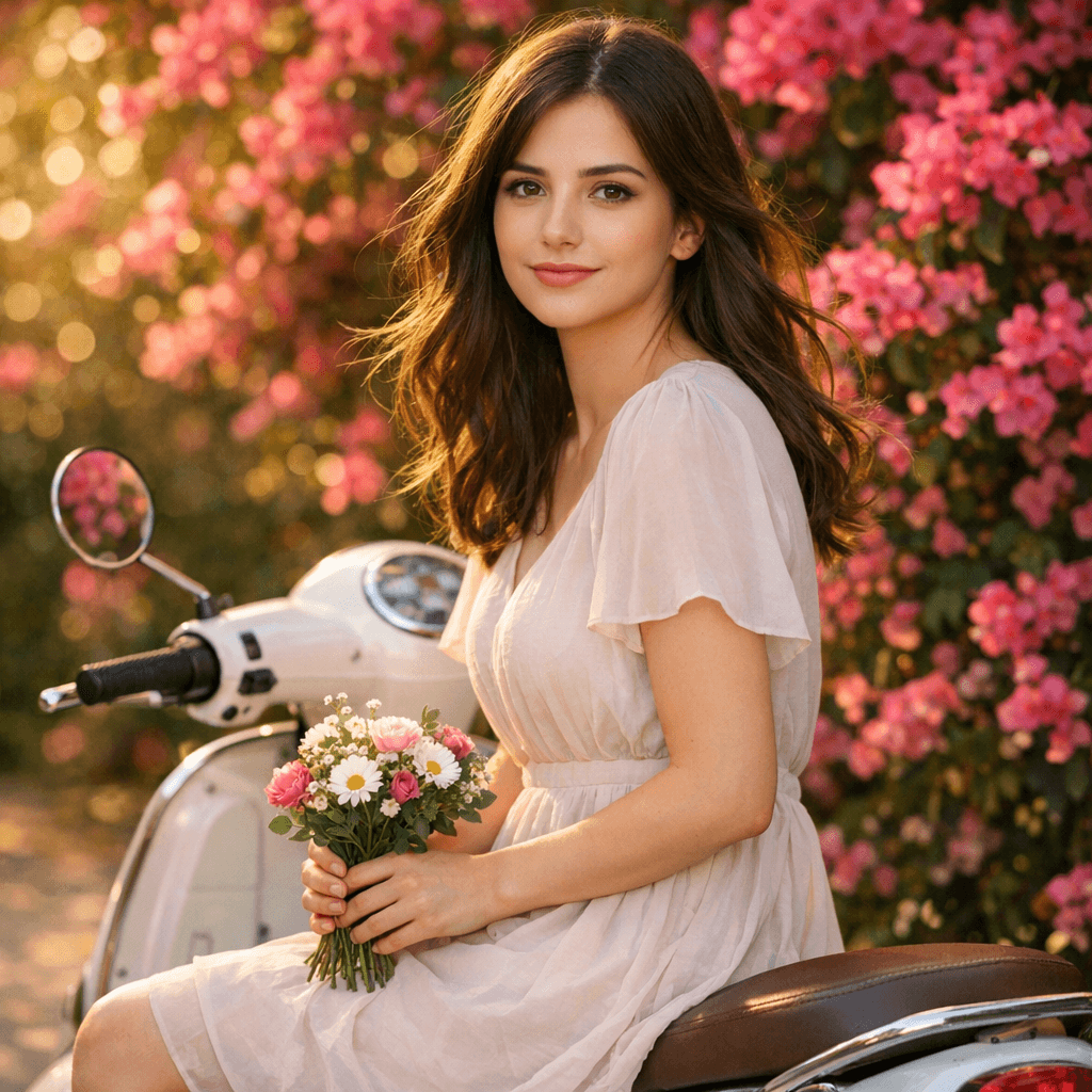 AI generated: A young woman sitting sideways on a white vintage scooty, face directly towards the camera, soft con...