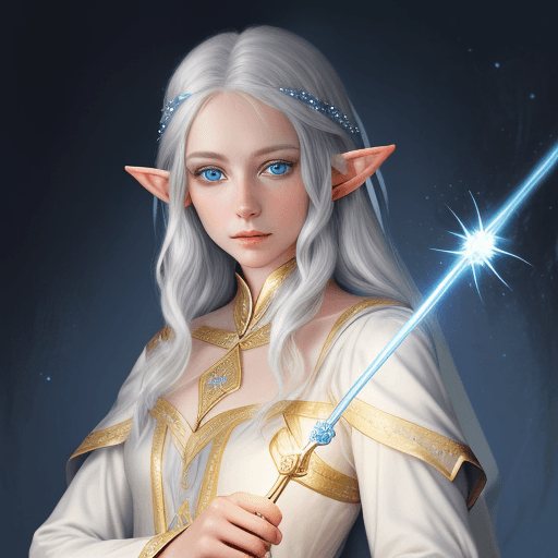 AI generated: Elf traveler young woman with silver hair and blue eyes from a Nobel family dressed in white and gol...