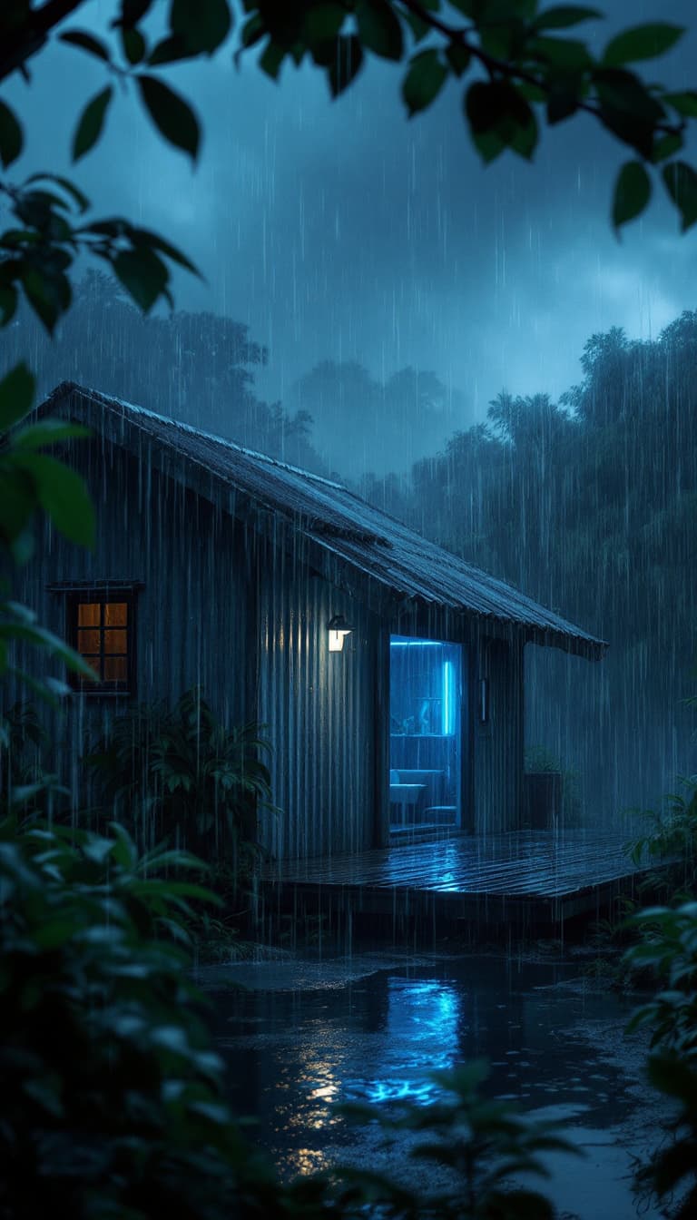 AI generated: A hyper-realistic 8K scene during an intense storm on a very dark night. The image centers on an iso...