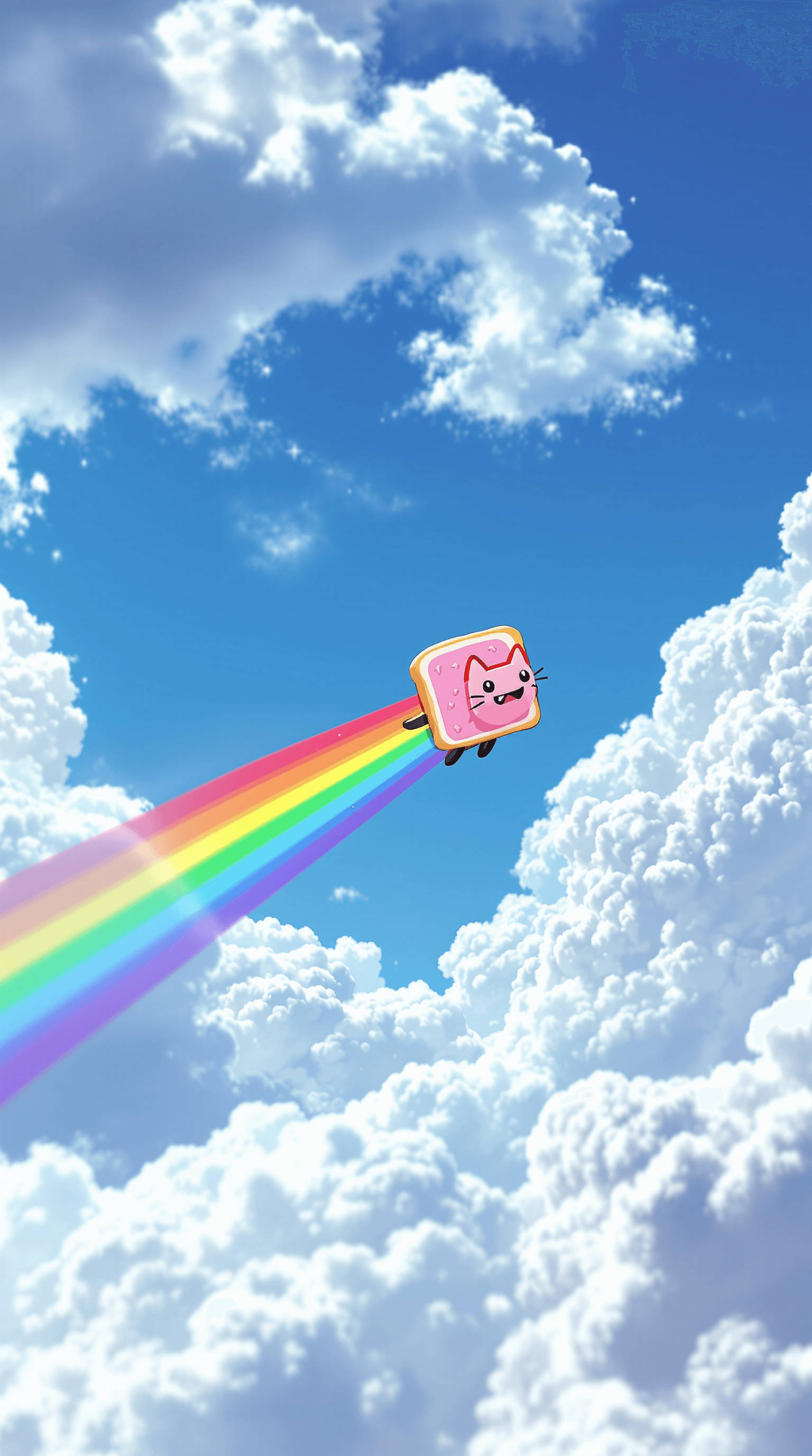 AI generated: A highly detailed and vibrant 3D render of Nyancat soaring through the sky, but with sandwich bread ...