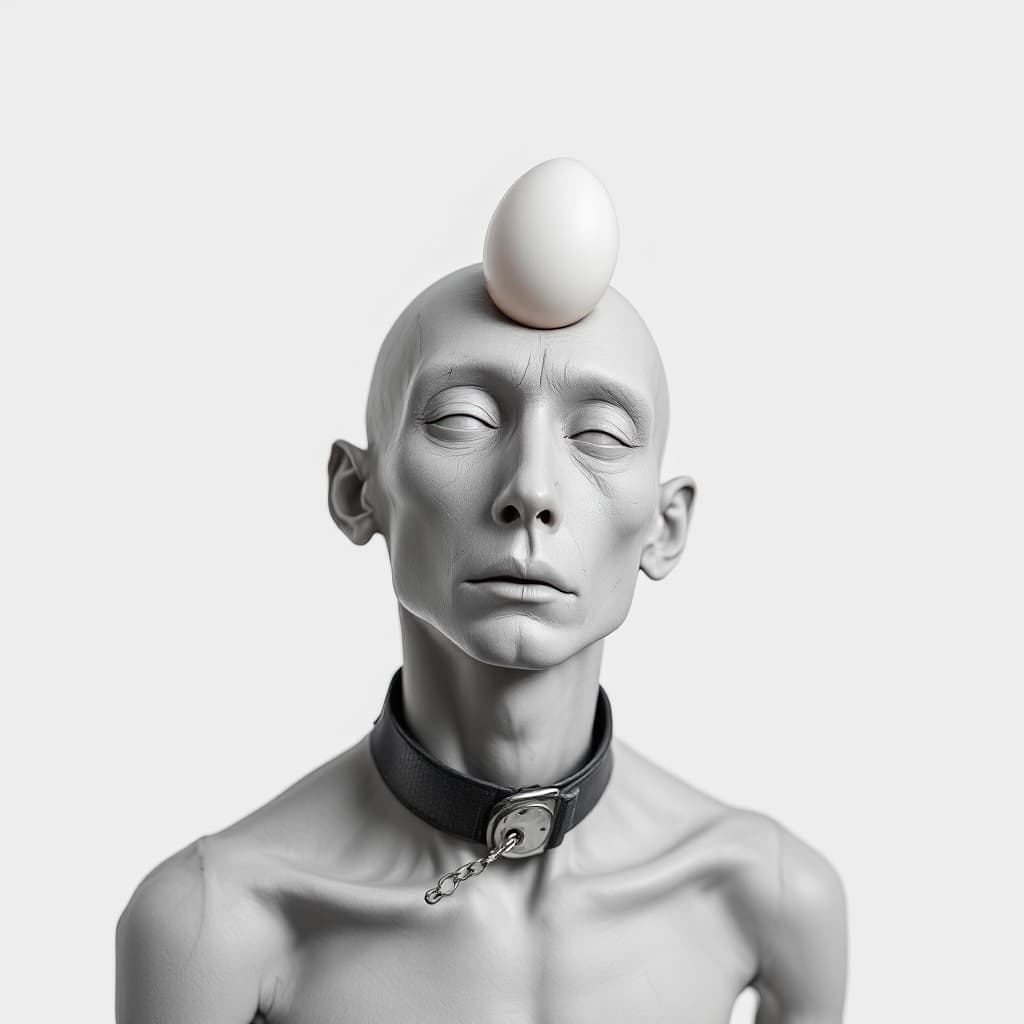 AI generated: A skinny male model with a collar around his neck. A egg is stuck to his forehead.
