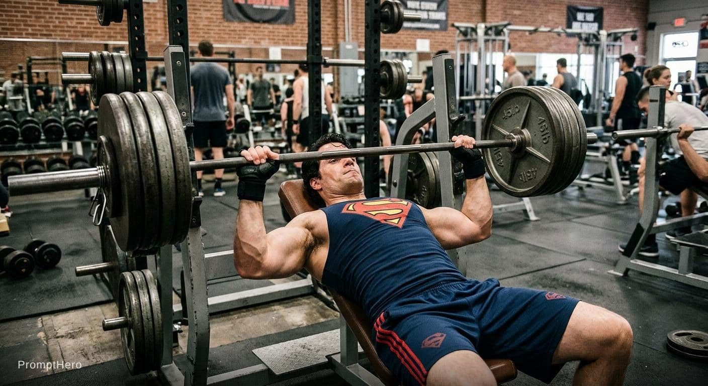 AI generated: Superman in a tanktop and gym shorts using the benchpress