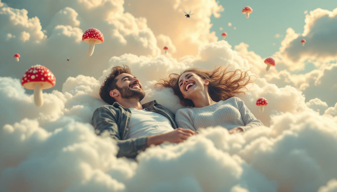 AI generated: A man and a woman are laughing while lying on clouds in the sky. Fly agarics are flying around them