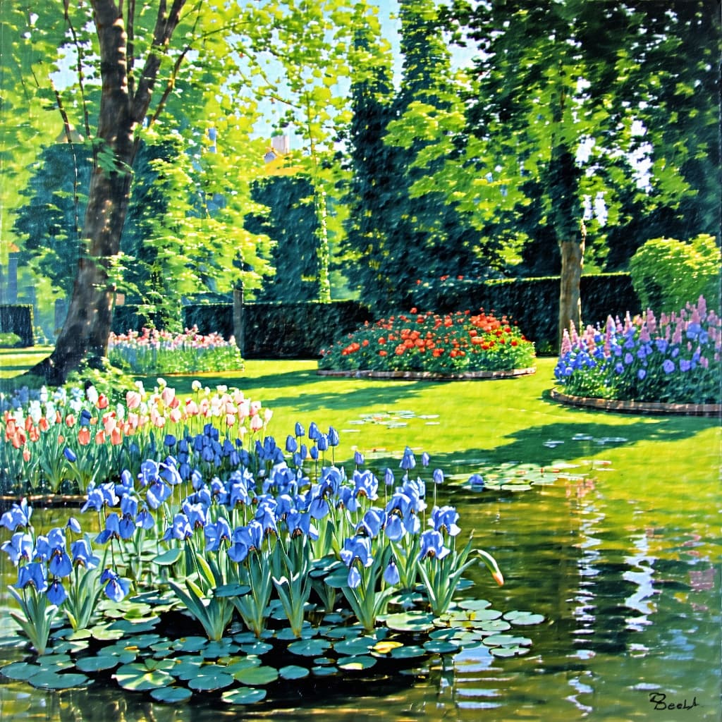 AI generated: (Masterpiece), (("Irisbeet in Monets Garten"
 (1900) by Claude Monet ) )), Inspired by the style il...