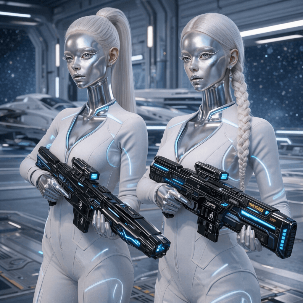 AI generated: Create an image where all the charactes are  holding the reference weapons in a formation. Change ba...