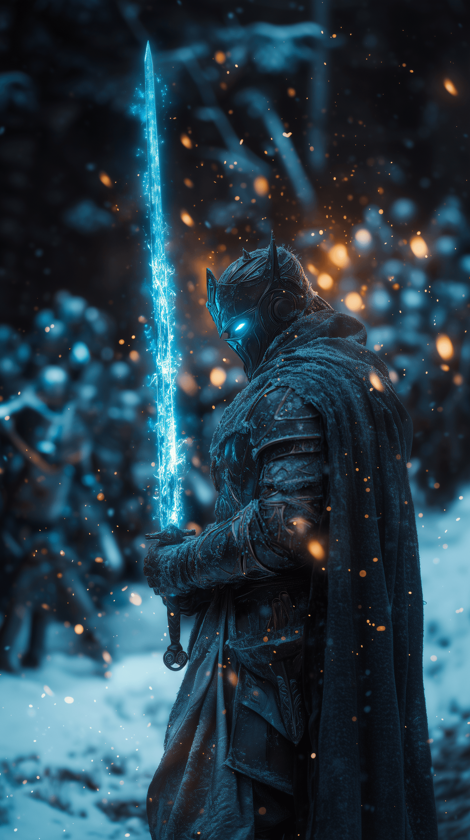 AI generated: fantasy cinematic, ancient warrior clad in enchanted blue armor with glowing ice runes etched into t...