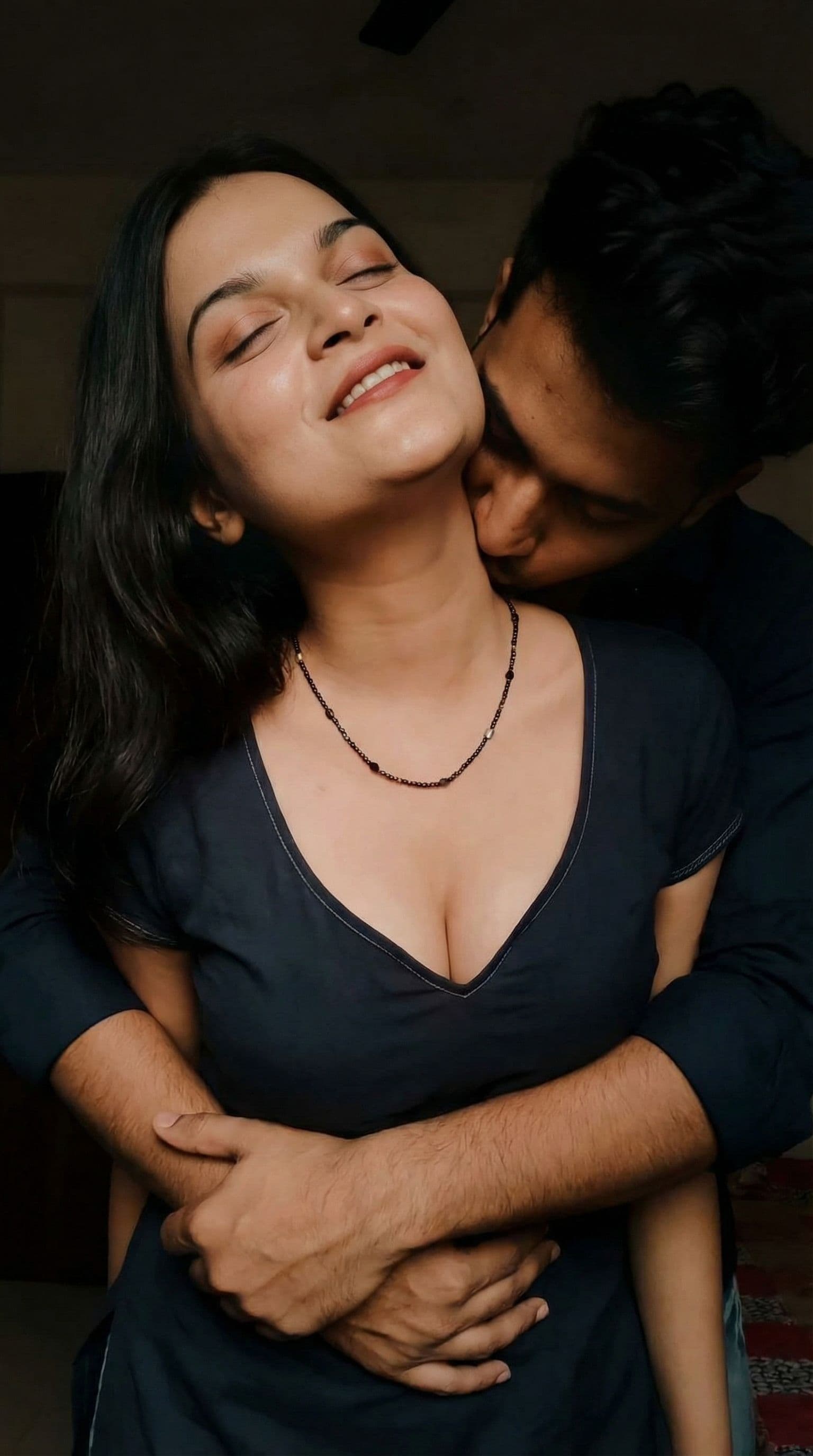 AI generated: A man kissing a woman in her neck from the behind and holding her waist tightly while she feels the ...