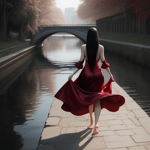AI generated: Photography, perfect woman walking by the river grabbing a red rose and wearing a silk dress, barefo...