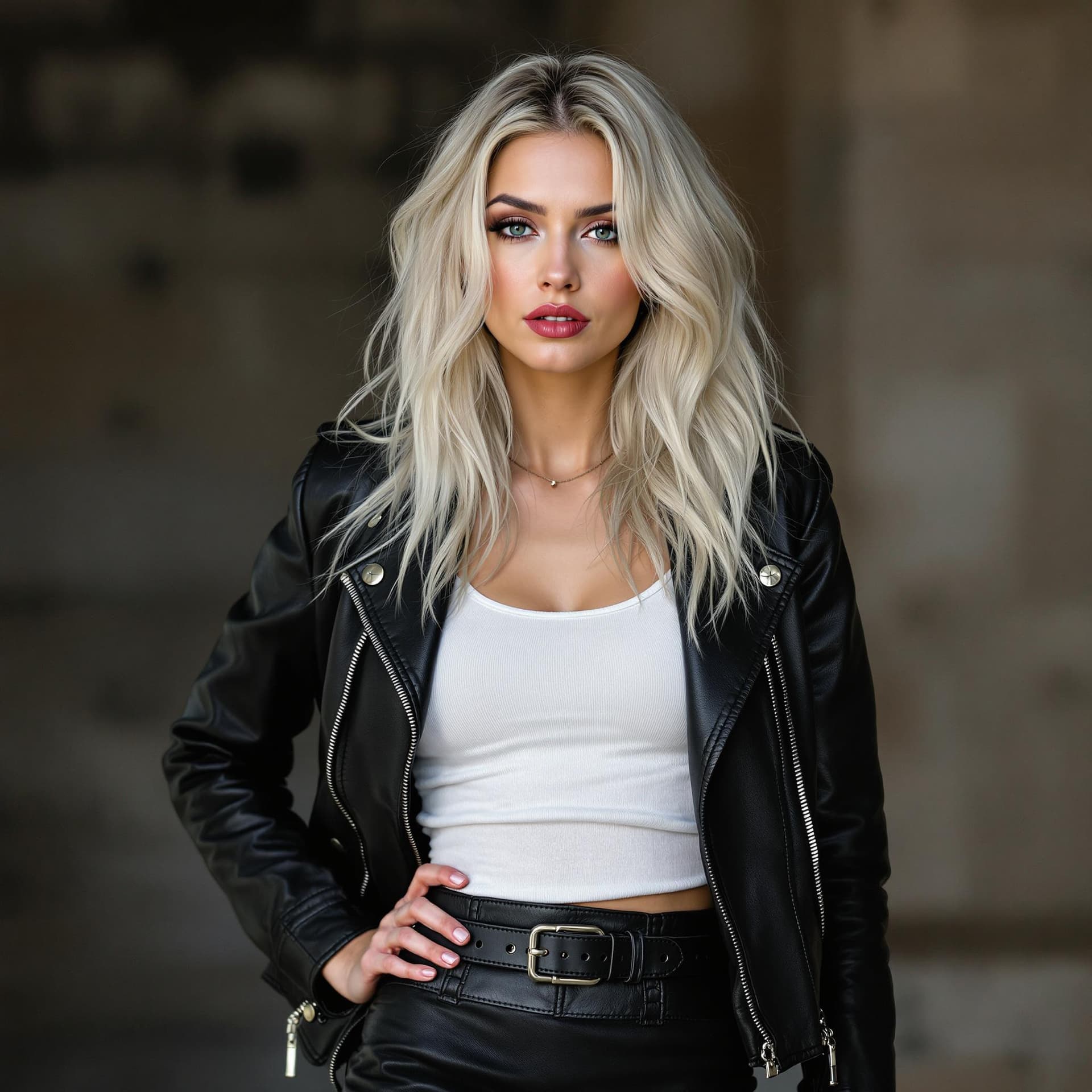AI generated: white skin blonde with skinny hot face
leather jacket and skirt