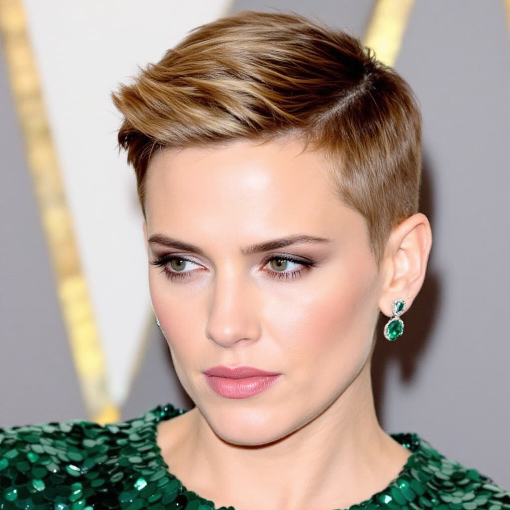 AI generated: Close-up headshot of Scarlett Johansson, slightly looking down, wearing a green sequined top, short,...