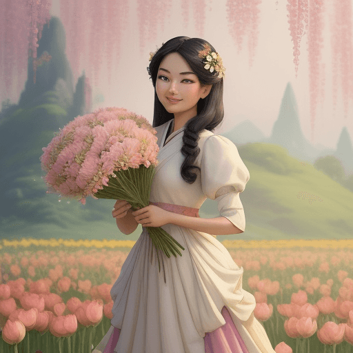 AI generated: a beautiful asian woman with luxury crop standing on flowers shop,smilling holding flowers,in the st...