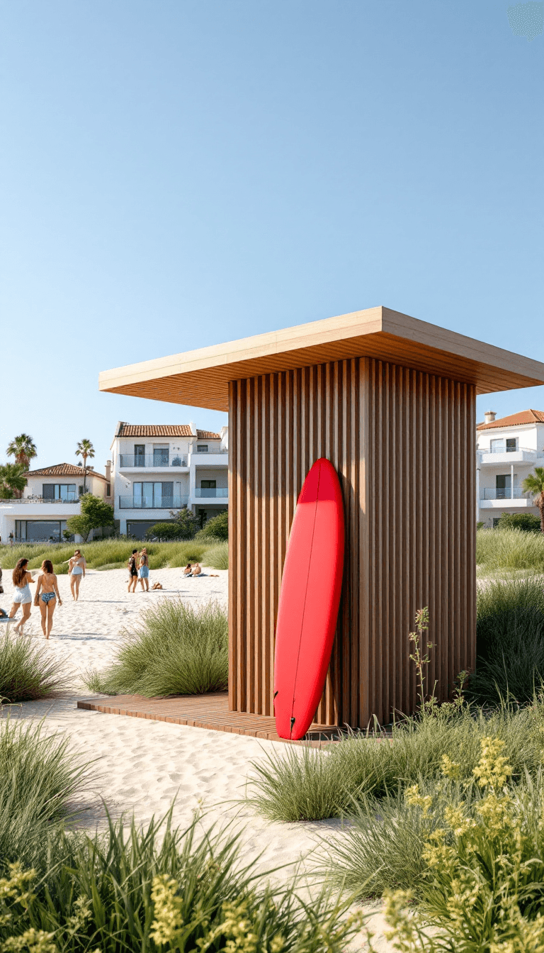 AI generated: A high-quality vertical rendering of a modern coastal lifeguard station with sleek wooden slats and ...
