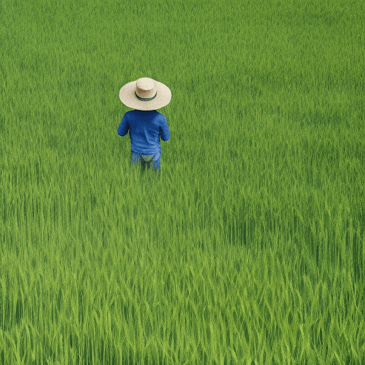 AI generated: Wheat field, a farmer uncle with a straw hat standing in a wheat field, big clouds, blue sky, rice f...