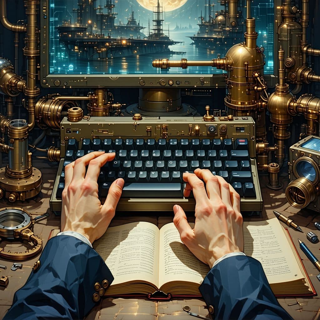 AI generated: image of hands working on a keyboard and a screen, steampunk art