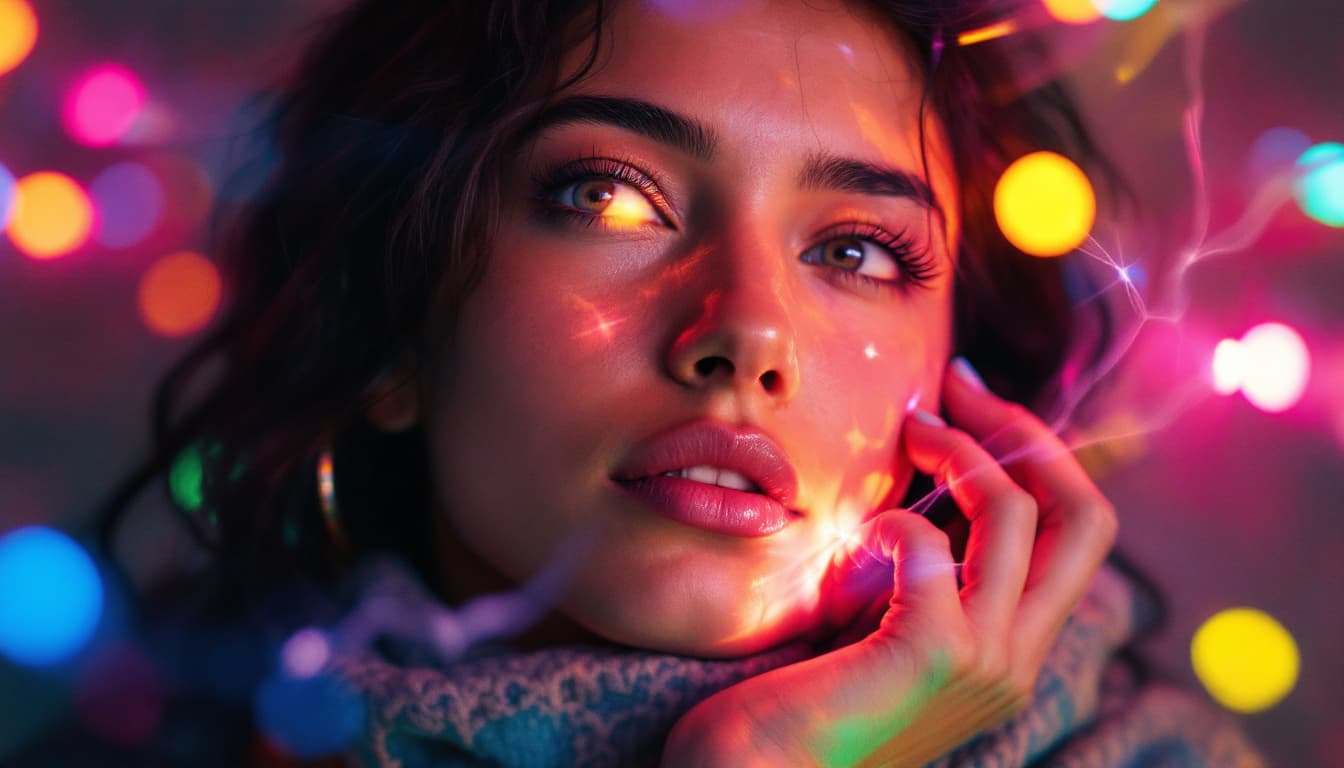 AI generated: young mapuche woman thinking with her mind, passionate, happy and quirky full of pastel color, light...